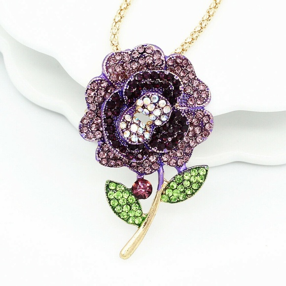 Purple Rhinestone Flower Necklace/Pin - Picture 2 of 4